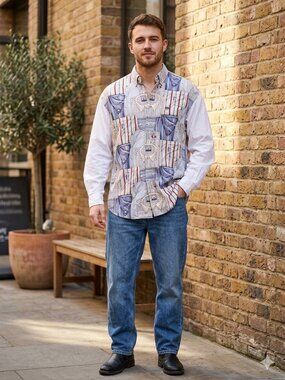 Faconnable Patchwork Print Button Down Shirt Size L White Blue Designed France